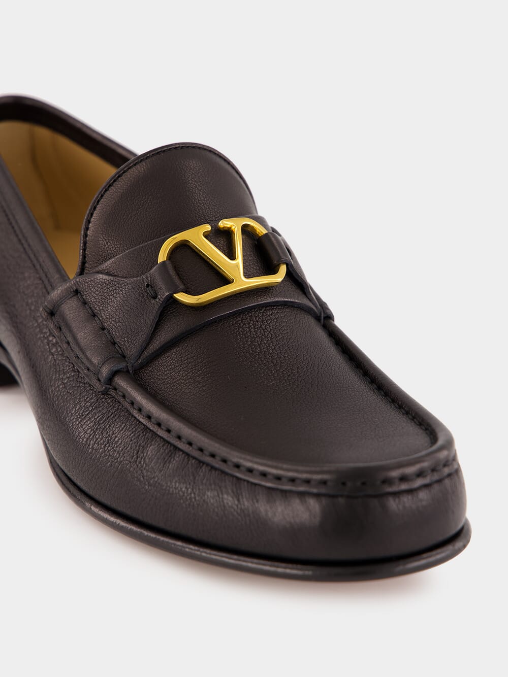 Brass Logo Black Leather Loafers