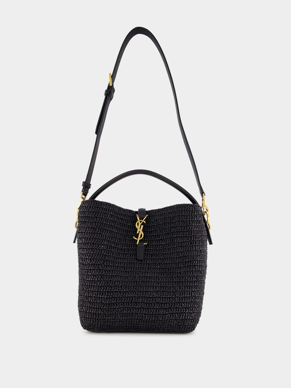 Le 37 Woven Raffia and Leather Black Bucket Bag