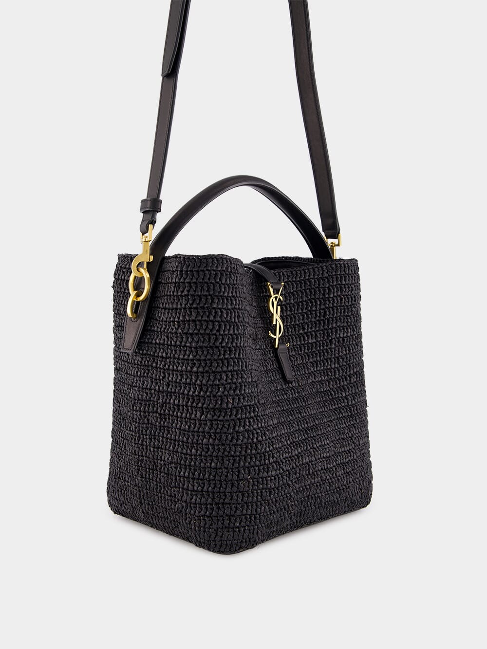 Le 37 Woven Raffia and Leather Black Bucket Bag