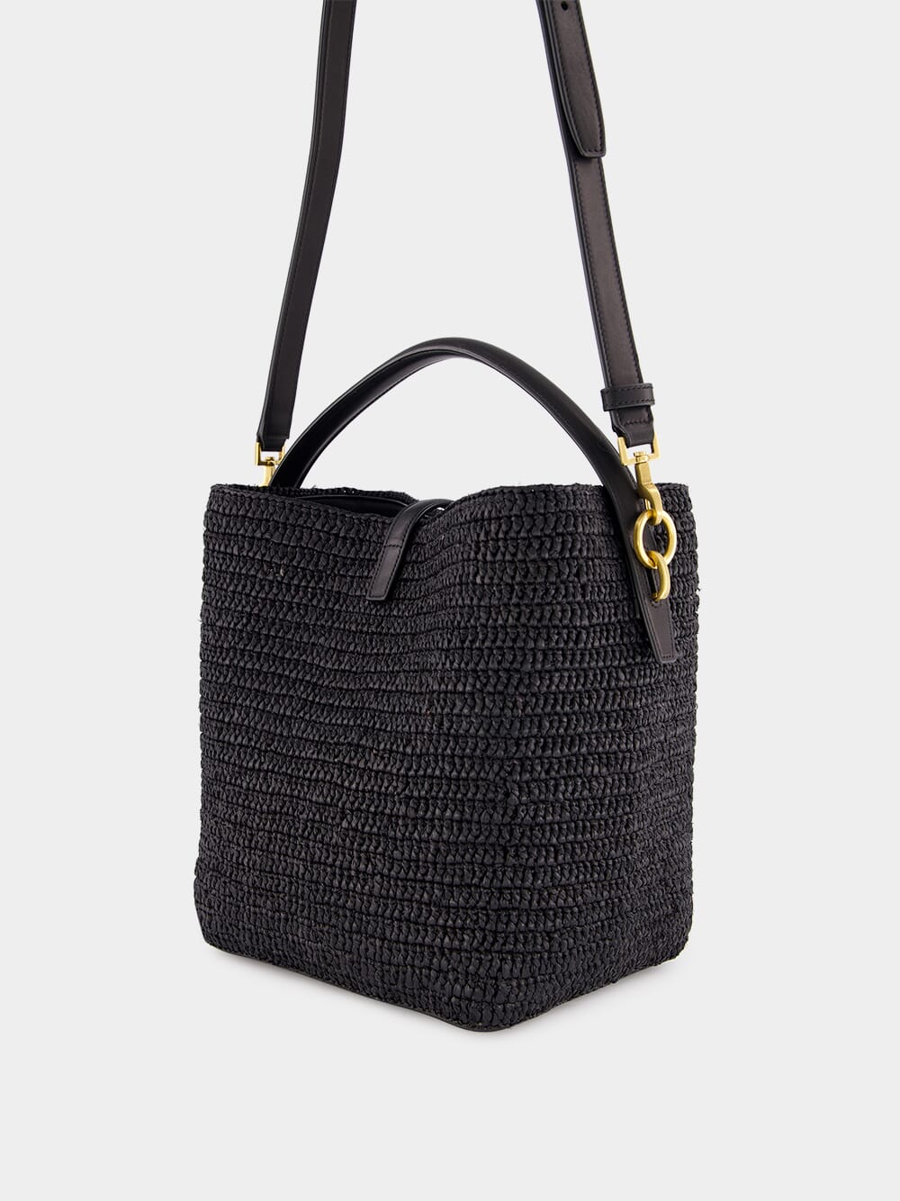 Le 37 Woven Raffia and Leather Black Bucket Bag