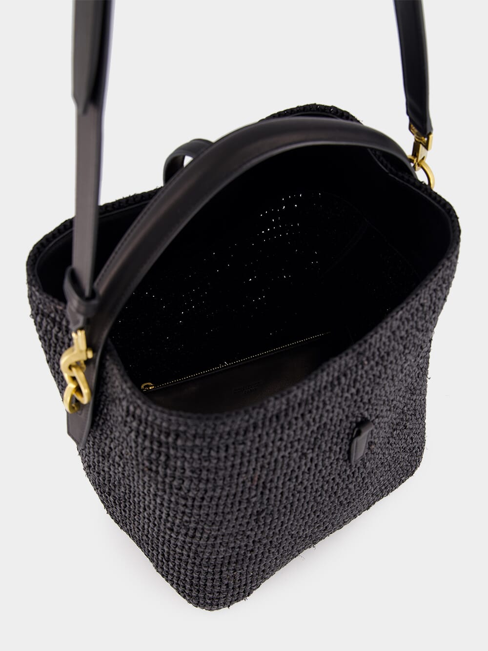 Le 37 Woven Raffia and Leather Black Bucket Bag