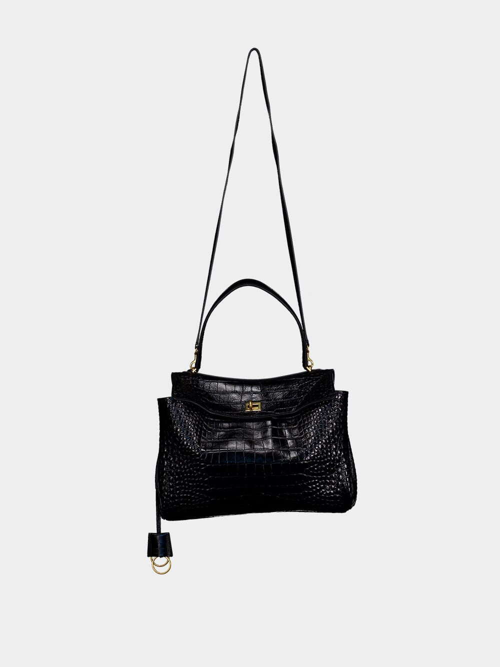 Black Crocodile-Effect Leather Tote Bag