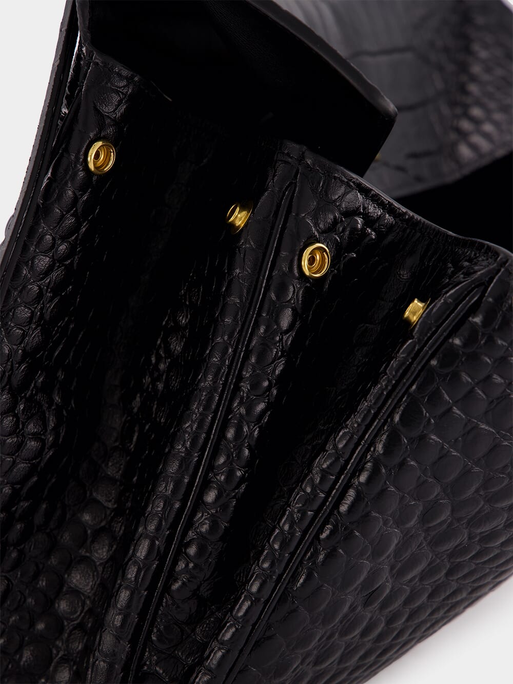 Black Crocodile-Effect Leather Tote Bag