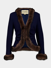 Valentino Garavani Indigo Blue Wool Crepe Jacket with Shearling Trim