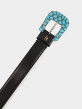 Valentino Garavani Black VLogo Belt with Turquoise Gem Buckle