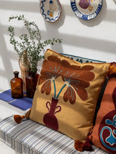 House of Capricorn Teles Mustard Cotton Linen and Chenille Embroidered Cushion