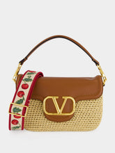 Valentino Garavani Natural Raffia and Saddle Brown Leather Shoulder Bag