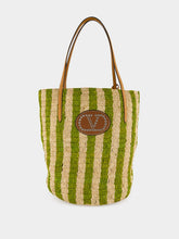 Valentino Garavani Natural and Green Striped Raffia Shopping Bag