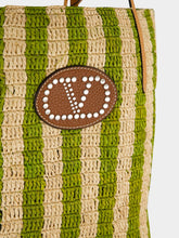 Valentino Garavani Natural and Green Striped Raffia Shopping Bag