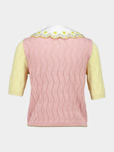 La DoubleJ Yellow and Pink Embroidered Silk Cotton Blend Crop Polo