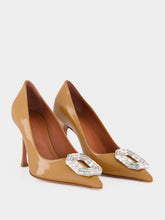 Amina Muaddi Latte Camelia Pearly Patent 90 Pumps