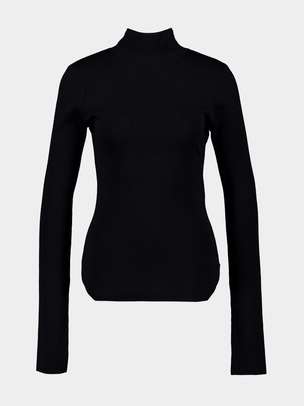 Black Long-Sleeve Reverse Polo Knit Top