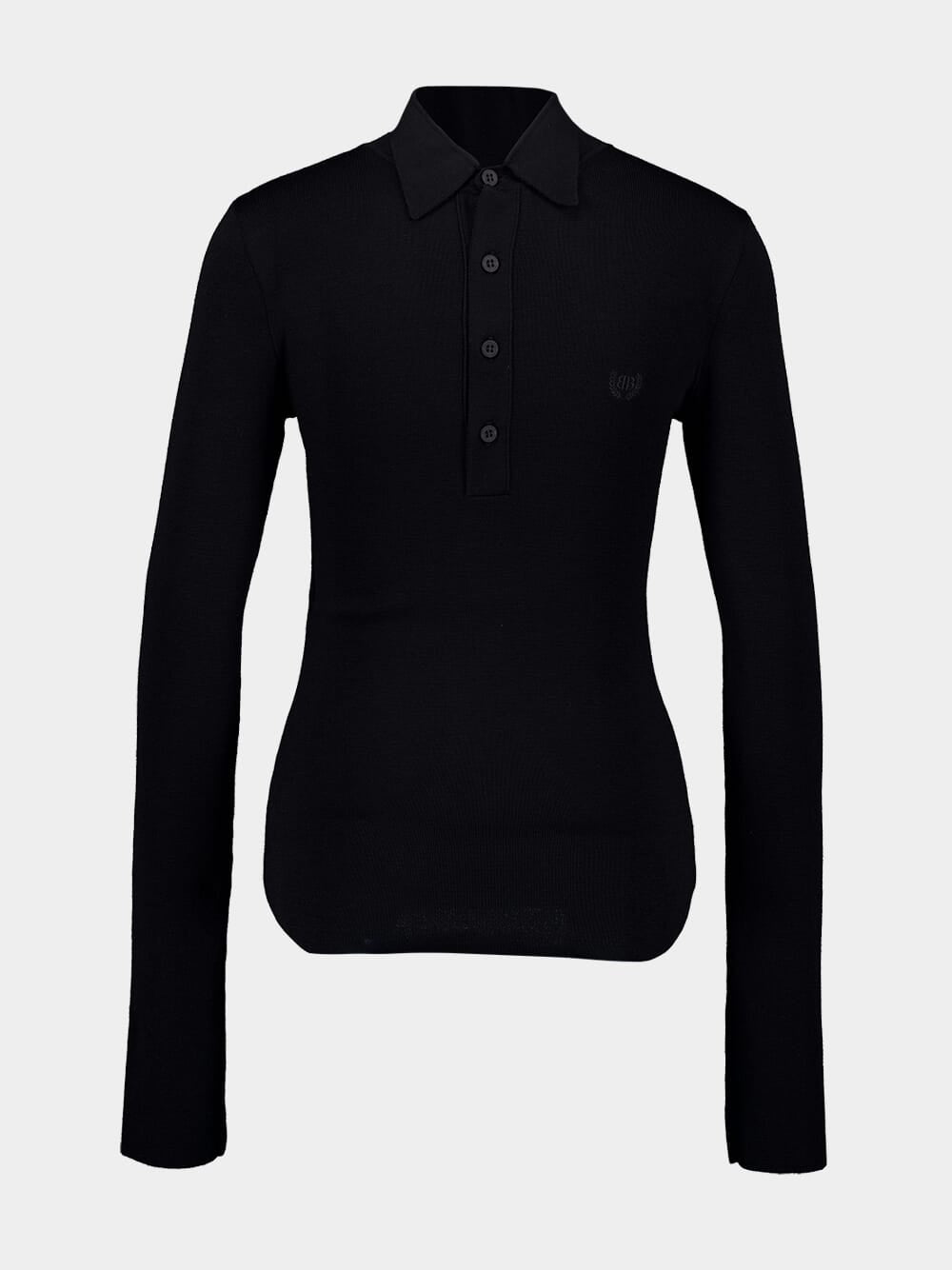 Black Long-Sleeve Reverse Polo Knit Top