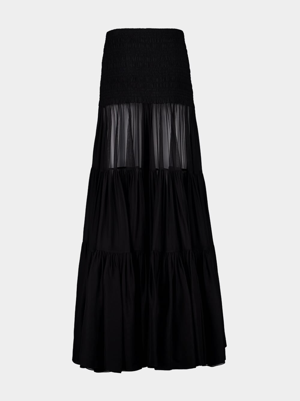 Black Ruffled Maxi Skirt in Silk Crepe Muslin