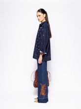 Paula Avila Blue Embroidered Wide-Leg Denim Pants
