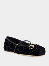 Gucci Black Velvet GG Crystal Horsebit Ballet Flat