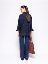 Paula Avila Blue Embroidered Wide-Leg Denim Pants