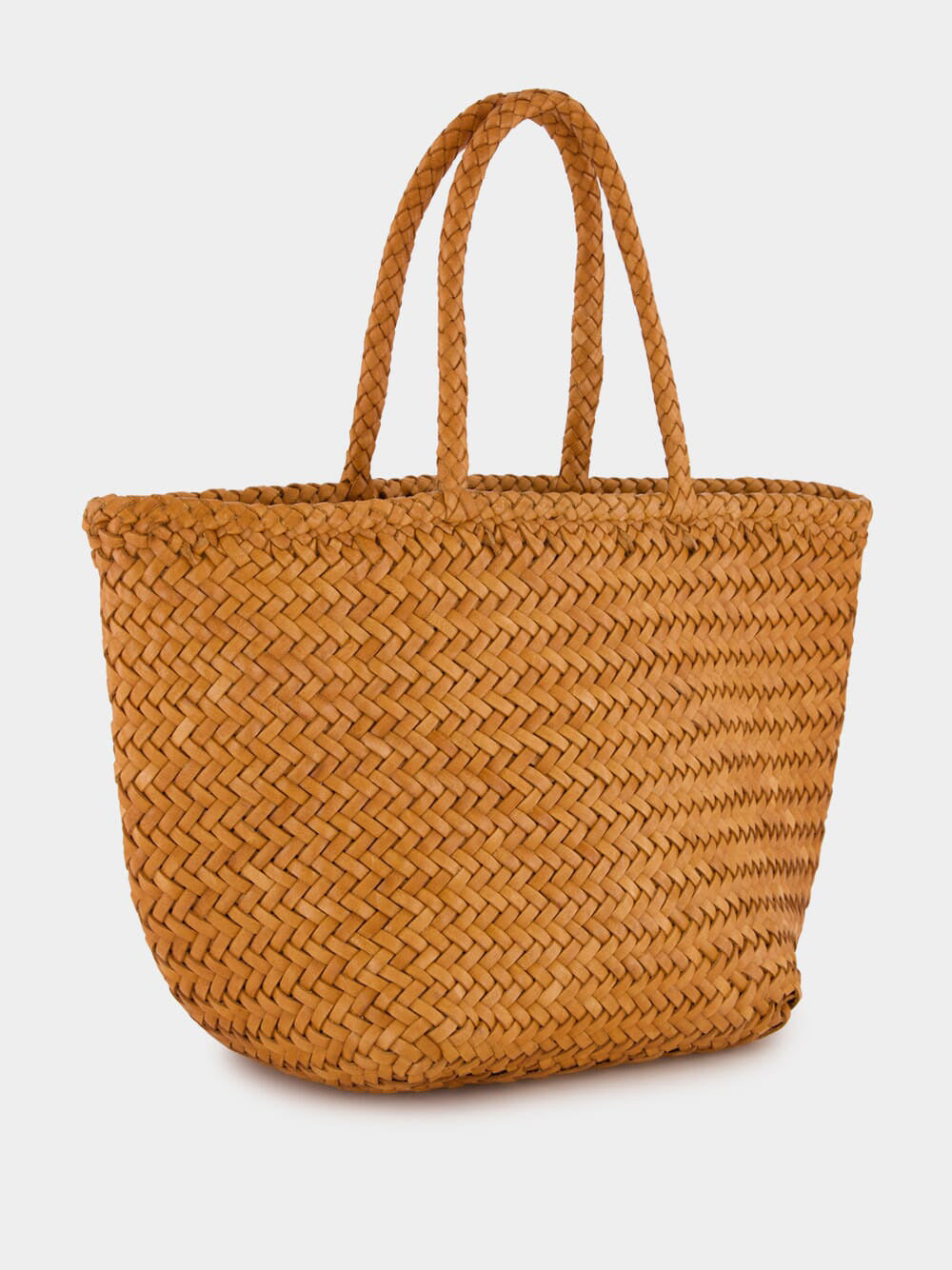 Camel Grace Small Woven Leather Basket Bag