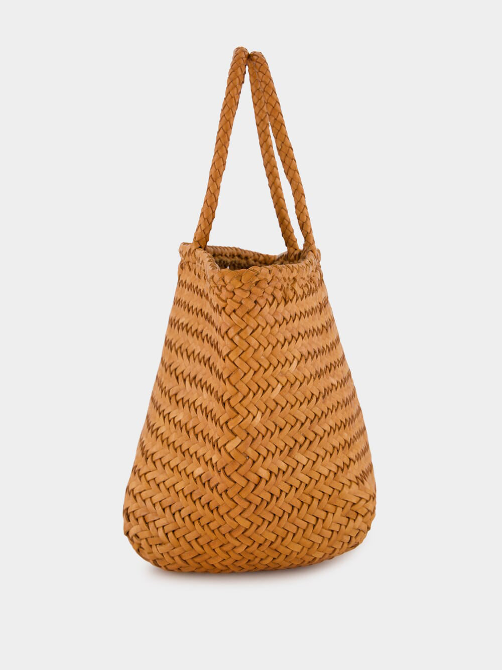 Camel Grace Small Woven Leather Basket Bag