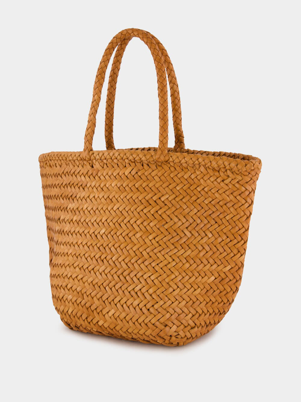 Camel Grace Small Woven Leather Basket Bag