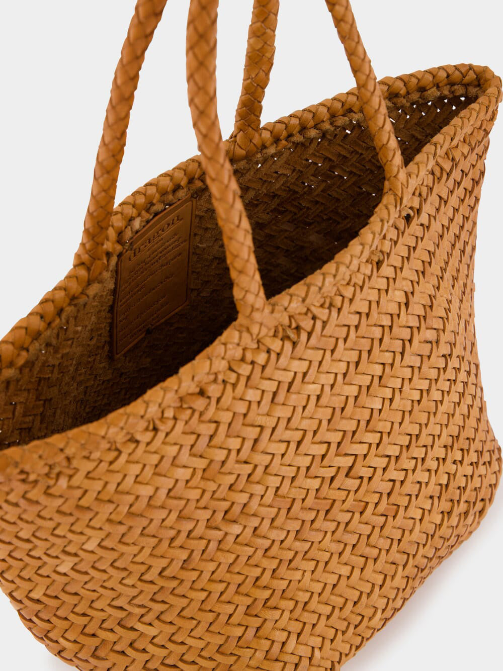 Camel Grace Small Woven Leather Basket Bag