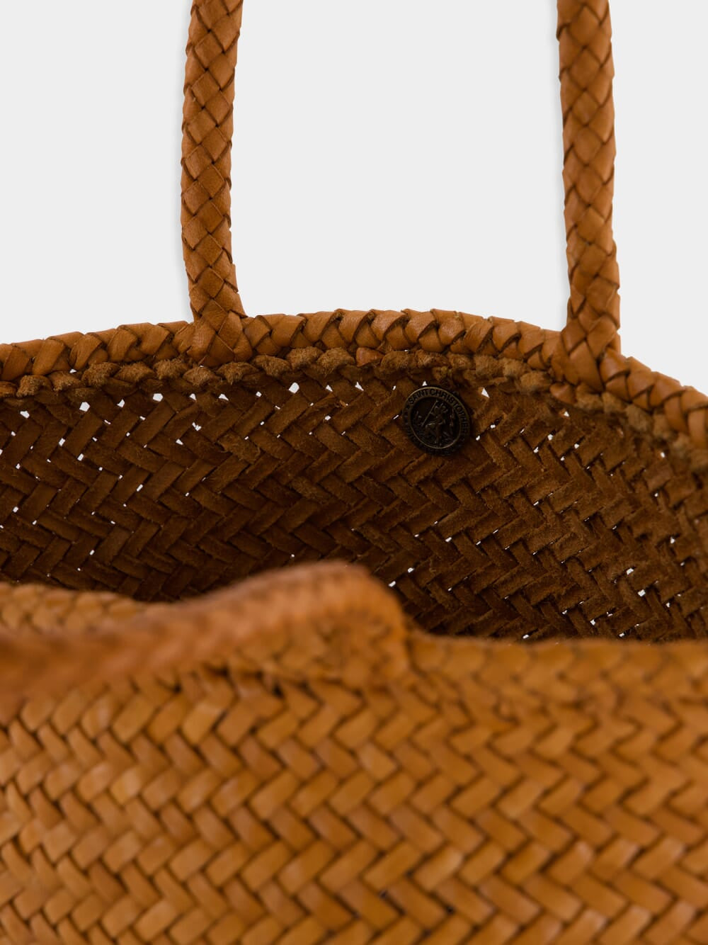 Camel Grace Small Woven Leather Basket Bag