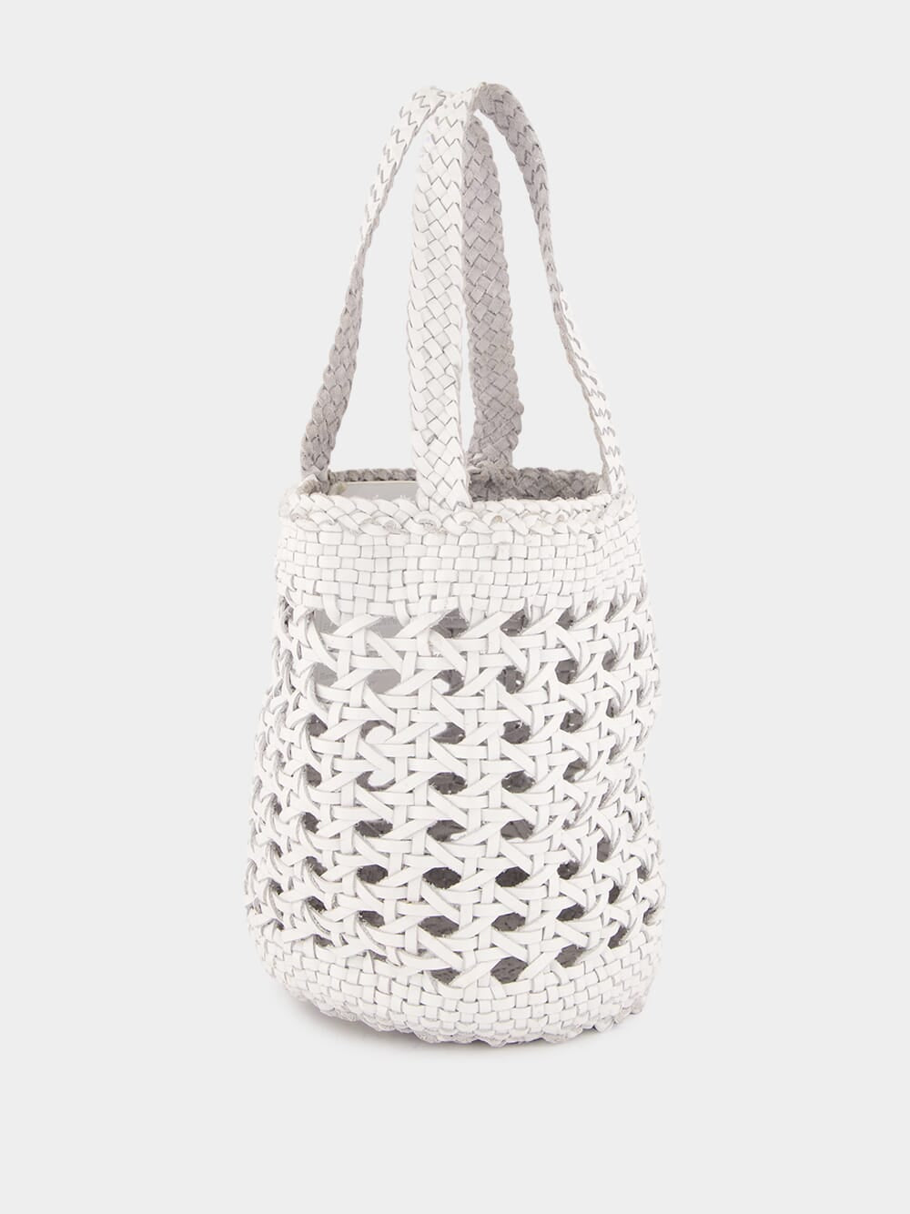 White Handwoven Leather Bucket Bag