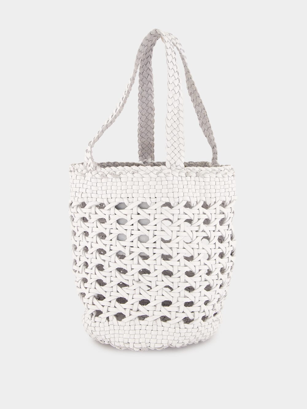 White Handwoven Leather Bucket Bag