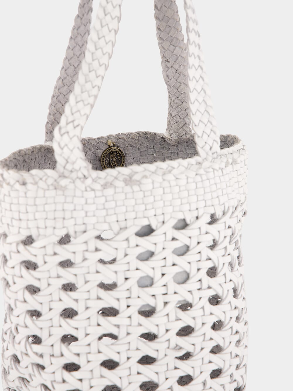 White Handwoven Leather Bucket Bag