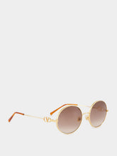 Valentino Garavani Gold and Brown V Logo Round Sunglasses