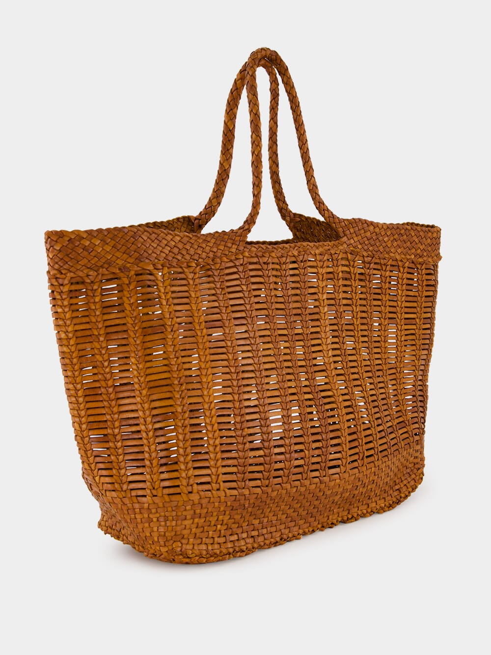 Camel Handwoven Leather Window Basket Tote