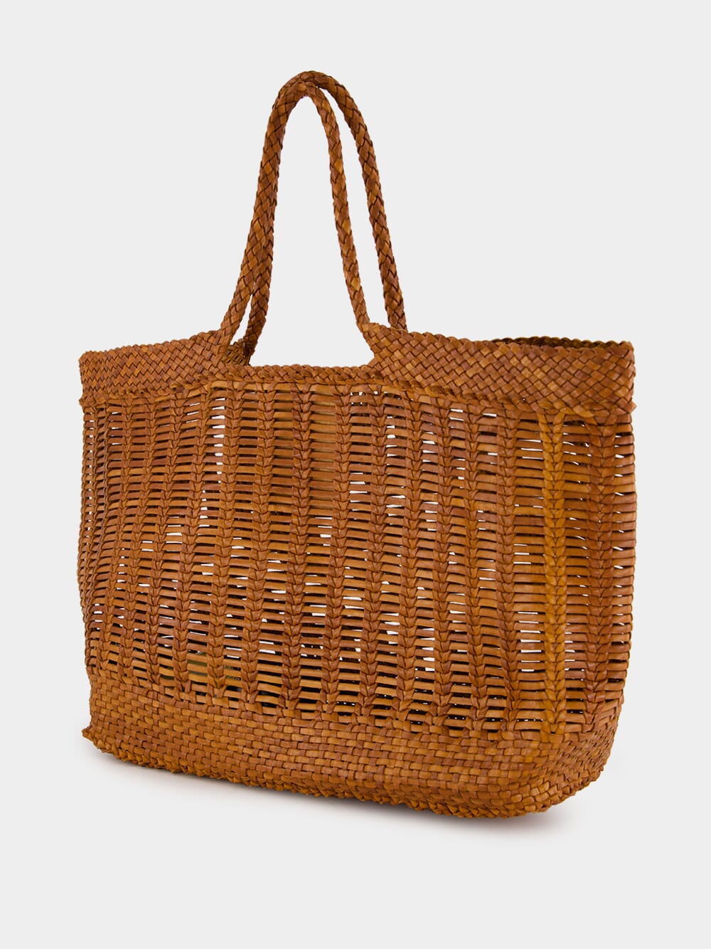 Camel Handwoven Leather Window Basket Tote