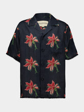 Valentino Garavani Black Linen Bowling Shirt with Red Papier Floral Print