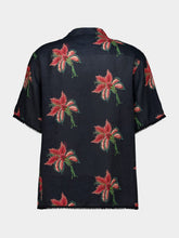 Valentino Garavani Black Linen Bowling Shirt with Red Papier Floral Print