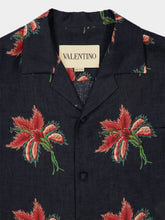 Valentino Garavani Black Linen Bowling Shirt with Red Papier Floral Print