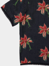 Valentino Garavani Black Linen Bowling Shirt with Red Papier Floral Print