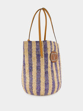 Valentino Garavani Natural and Blue Striped Raffia Shopping Bag
