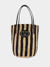 Valentino Garavani Natural and Black Striped Raffia Shopping Bag
