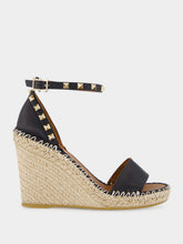 Valentino Garavani Black Calf Leather Wedge Espadrille Sandals
