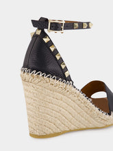 Valentino Garavani Black Calf Leather Wedge Espadrille Sandals