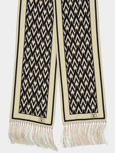 Valentino Garavani Black and Cream Silk Scarf with Fringes