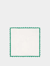 House of Capricorn Hand-Embroidered Teresa White Linen with Green Crochet Cocktail Napkin