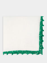 House of Capricorn Hand-Embroidered Teresa White Linen with Green Crochet Cocktail Napkin