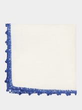 House of Capricorn Hand-Embroidered Teresa White Linen with Blue Crochet Cocktail Napkin