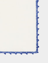 House of Capricorn Hand-Embroidered Teresa White Linen with Blue Crochet Cocktail Napkin