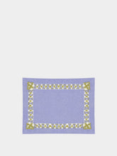 House of Capricorn Hand-Embroidered Maria Blue Linen with Green Embroidery Cocktail Napkin