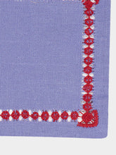 House of Capricorn Hand-Embroidered Maria Blue Linen with Red Embroidery Cocktail Napkin