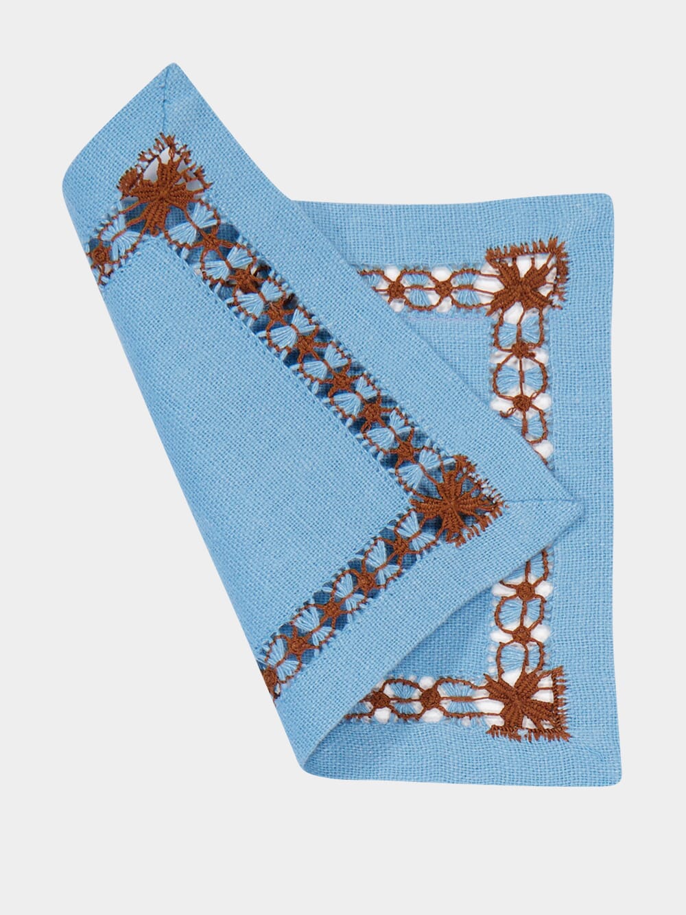 Hand Embroidered Maria Turquoise and Brown Cocktail Napkin