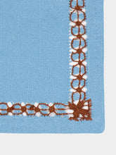 House of Capricorn Hand-Embroidered Maria Turquoise Linen with Brown Embroidery Cocktail Napkin