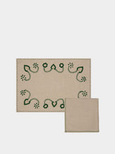 House of Capricorn Hand-Embroidered Viana Beige Linen with Green Embroidery Placemat and Napkin Set